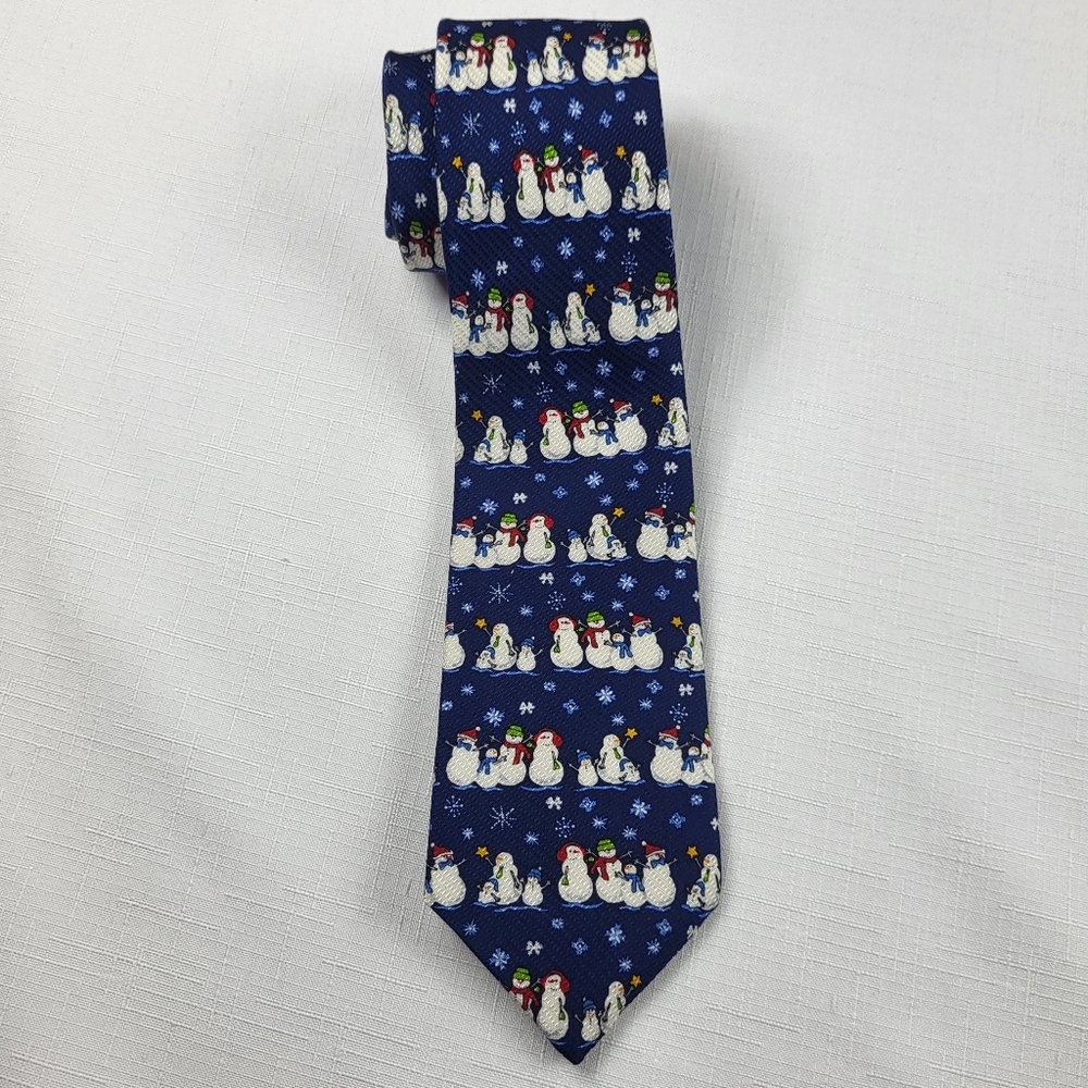 Talbots Kids Snowman NECKTIE TIE Boys Silk Blue White Christmas Holiday Winter